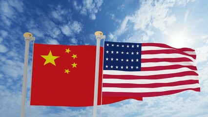 United States and China Flags are waving in the spring of the blue sky. 3D Rendering.