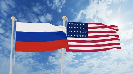 United States and Russian are waving in the spring of the blue sky. 3d rendering.