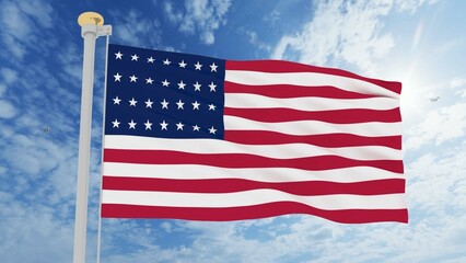 Flag of United States waving in the wind, sky and sun background. United States Flag 3d rendering.