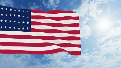 Flag of United States waving in the wind, sky and sun background. United States Flag 3d rendering.