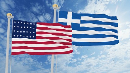 United States and Greece Flags are waving in the spring of the blue sky. 3d rendering.