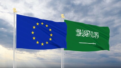 Saudi Arabia and European Union flags waving on sunset sky background. 