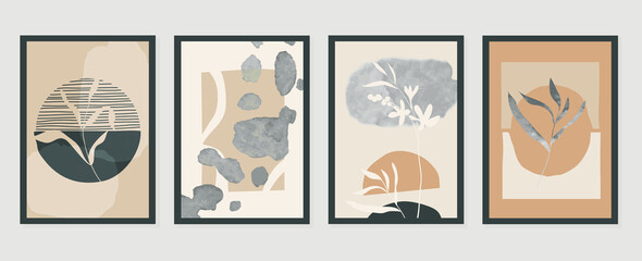 Set of abstract foliage wall art vector. Leaves, organic shapes, earth tone colors, leaf branch in line art style. Watercolor wall decoration collection design for interior, poster, cover, banner.