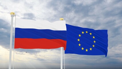 Flag of European Union and Russian waving in the wind, sky and sun background. 3d rendering. 