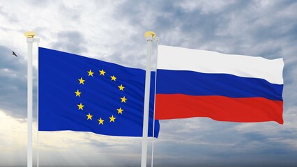 Flag of European Union and Russian waving in the wind, sky and sun background. 3d rendering. 