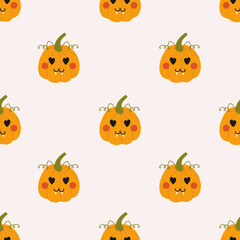 Cute cartoon pumpkin pattern. Vector pattern of pumpkins with face. Halloween decor.