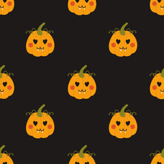 Cute cartoon pumpkin pattern. Vector pattern of pumpkins with face. Halloween decor.