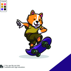 A CUTE FOX RIDING A SKATEBOARD. PREMIUM CARTOON LOGO Template on white background.