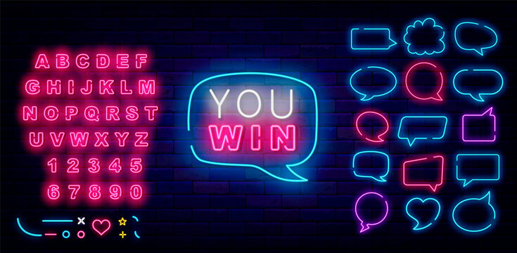 You win neon signboard in cloud. Comics speech bubbles collection. Shiny pink alphabet. Vector stock illustration
