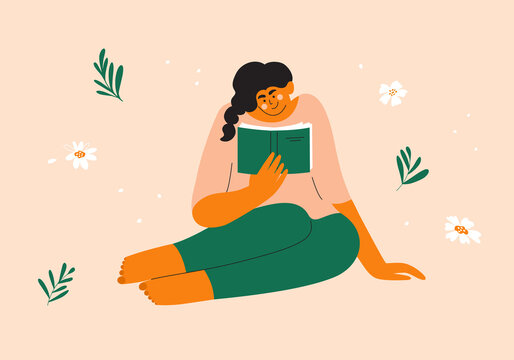 Young woman reads outdoor. Female character relaxing in nature with book in hand. Girl sitting on flower pink lawn reading poetry or story. Leisure, self care, rest. Book club art vector illustration
