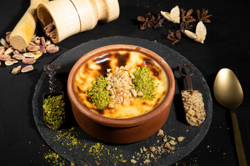 Sutlac Turkish dessert. Hot rice pudding with cinnamon and sugar.