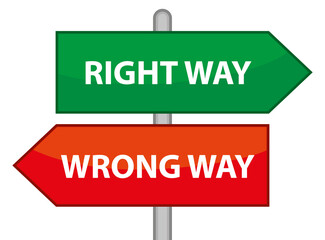 Right way or wrong way vector directions arrows. Success or failure. Illustration. - obrazy, fototapety, plakaty