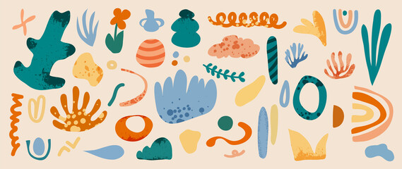 Minimalist abstract art shapes vector collection. Set of doodle elements, hand drawn organic shape, leaf, flowers. Minimal style element with colorful tone for decoration, ads, prints, branding.
