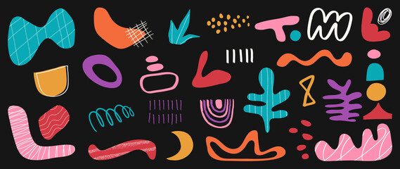 Minimalist abstract art shapes vector collection. Set of doodle elements, hand drawn organic shape, leaf, flowers. Minimal style element on dark background for decoration, ads, prints, branding.