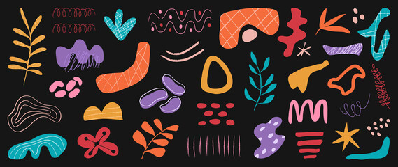 Minimalist abstract art shapes vector collection. Set of doodle elements, hand drawn organic shape, leaf, flowers. Minimal style element on dark background for decoration, ads, prints, branding.