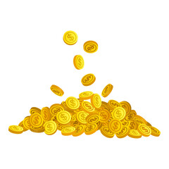 Falling gold coins isolated on white background cash money pile heap commercial banking finance. Vector illustration