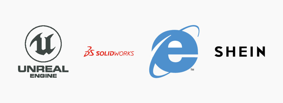 SolidWorks Logo, Shein Logo, Internet Explorer 4 Logo, Unreal Engine Logo. Technology vector logo Isolated on white background. Editorial vector logo printed on paper.