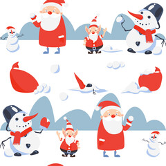 Seamless pattern illustration of Santa Claus, elf and snowman. Holiday joyful light blue background for kids, Merry Christmas and happy New year. Vector illustration.