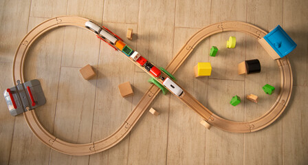 Top view of toy train on track