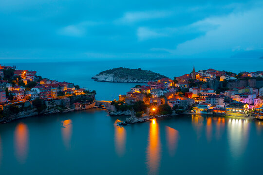 Beautiful cityscape on the mountains over Black-sea, Amasra. Amasra traditional Turkish architecture