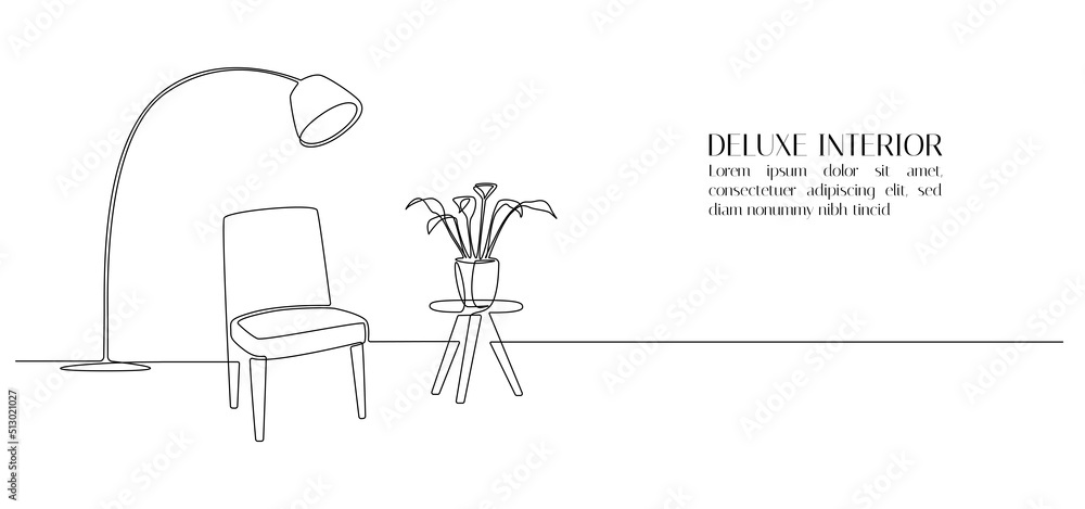 Poster one continuous line drawing of chair and floor lamp and table with potted plant. web banner with mod