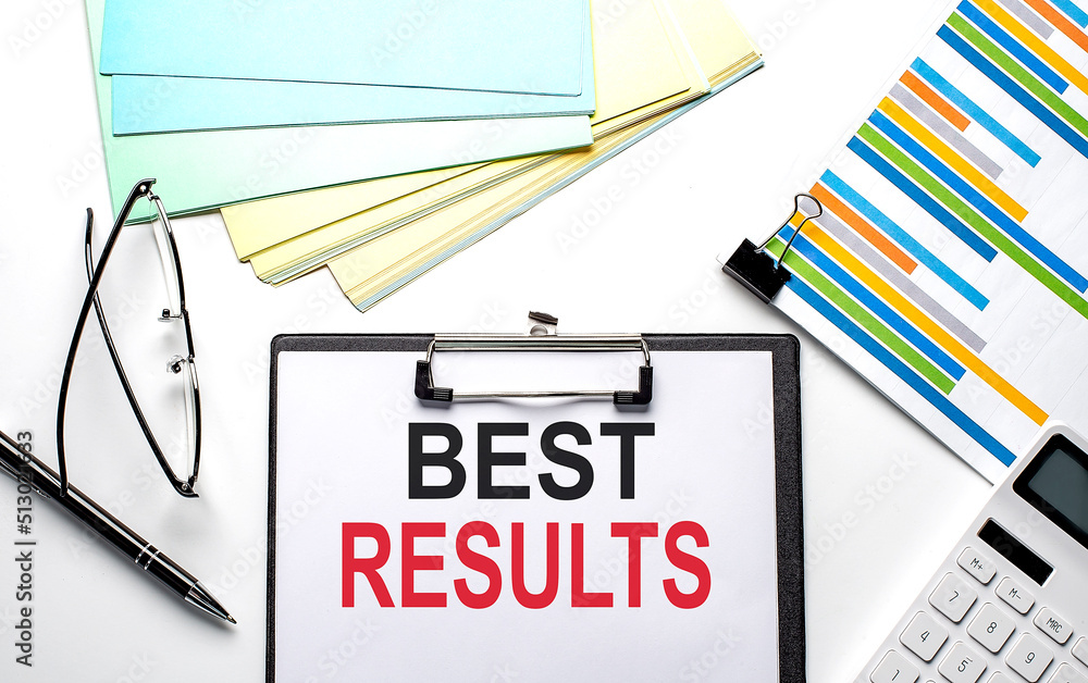 Poster best results text on paper sheet with chart,color paper and calculator