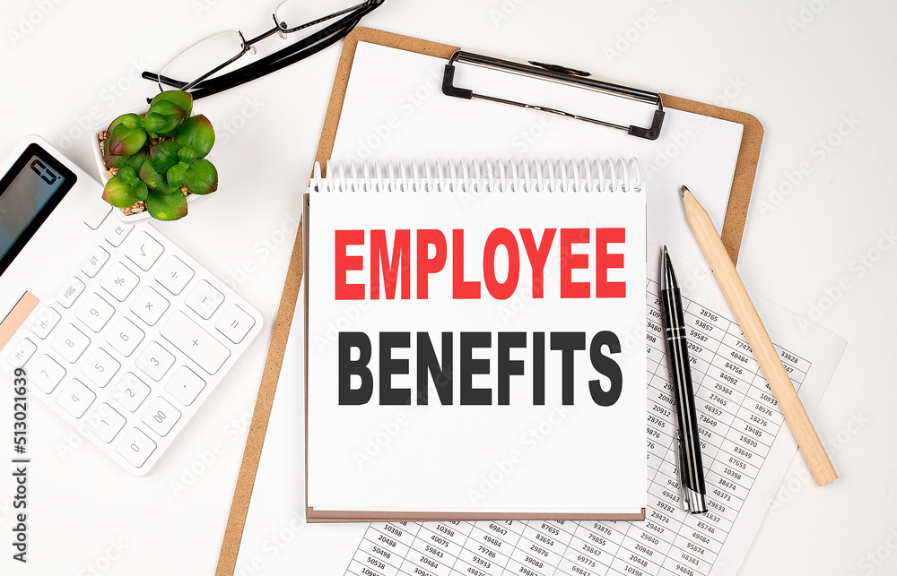 Poster office desk table with paper sheet, notepad ,chart and calculator. top view employee benefits