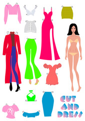 Cut out and dress. Paper doll for children with a set of clothes. Beautiful girl in a bathing suit. Set of bright fashion clothes. Vector graphics.
