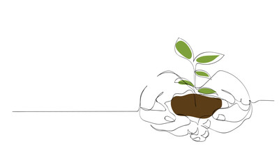 Single continuous line drawing hands of the farmer is planting the seedlings into the soil. Hand holding tree. One line draw graphic design vector