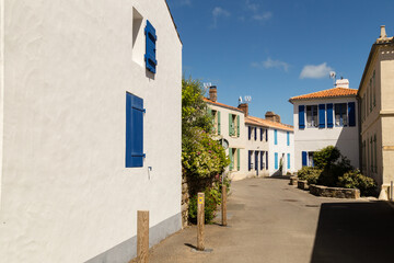 Fototapeta na wymiar Ruelle sans voitures avec maisons blanches aux volets et ouvertures colorées. Noirmoutier en l'île, quartier de Banzeau.
