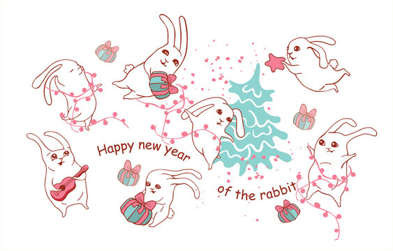 New Year of the Rabbit 2023, funny hares, cute bunny