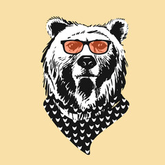 Portrait of Bear in sunglasses. . Hand-drawn illustration in vintage style.