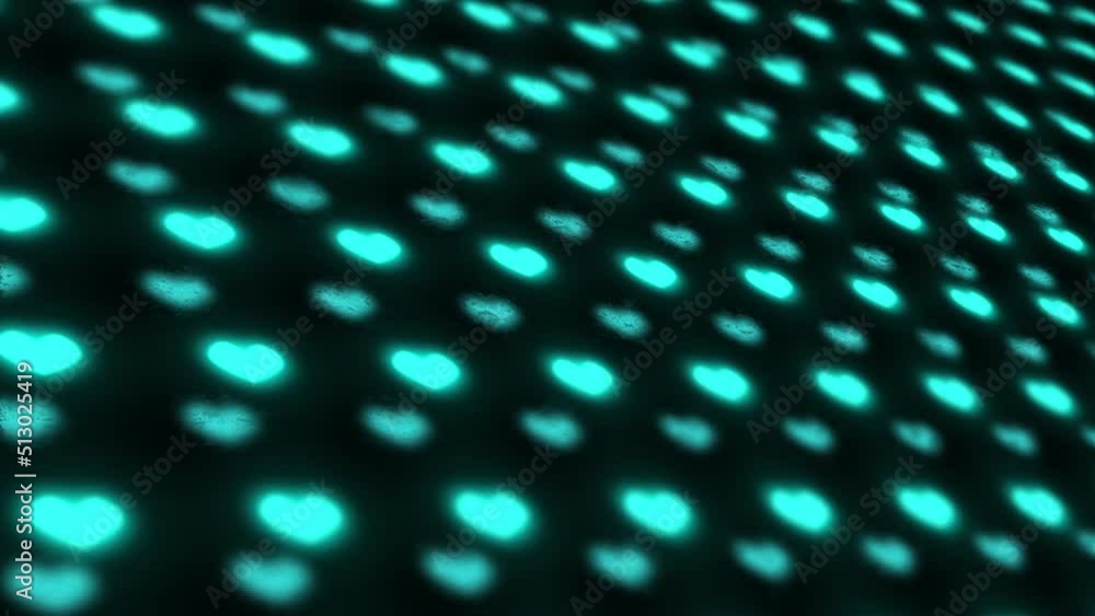Poster blue cgi hearts spinning against a dark background. heart shape special effects turning and rotating