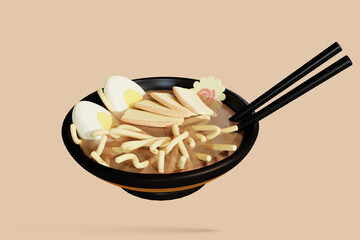3D Japanese Ramen soup in a round plate, chopsticks in the soup on a white background. 3d rendering