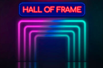 Fototapeta premium Hall of frame text with a neon light frame and copy space on a dark background, signboard.