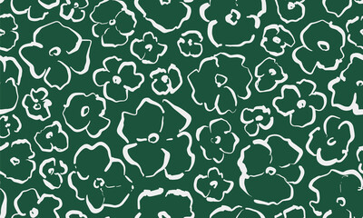 Abstract hand drawn floral heads seamless repeat pattern. Random placed, vector flowers all over surface print on green background.