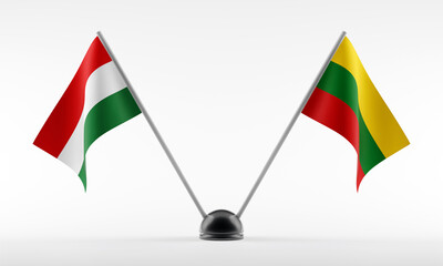 Stand with two national flags. Flags of Hungary and Lithuania. Isolated on a white background. 3d render