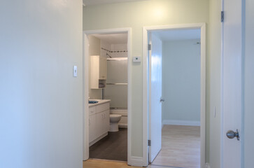 hallway to bedroom and bathroom interior showcase home.