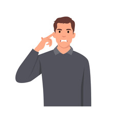 Young man Angry irritated, stressed and getting mad with throbbing vein on forehead man, holding finger at temple, annoye and furious with negative emotion expression