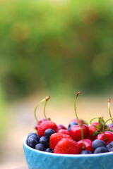 Bowl filled with strawberries, blueberries and cherries in the garden. Selective focus.