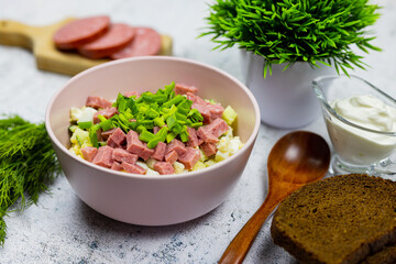 Okroshka - russian national food with meat, potato, kvass or kefir, radish and parsley on white background