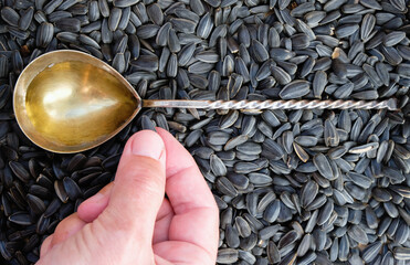 Copper spoon with sunflower oil on sunflower seeds background. Female hand. Top view.