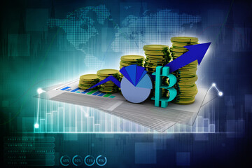 3d rendering bitcoin sign currency in gold coin near graph