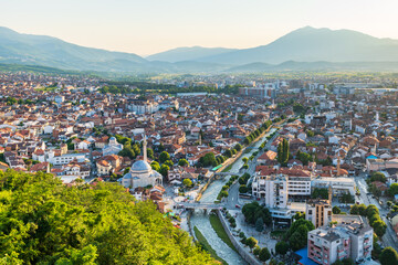 Prizren cityscape from the fortress at sunset in Kosovo. Prizren, Kosovo. Prizren aerial view,  a historic and touristic city located in Kosovo