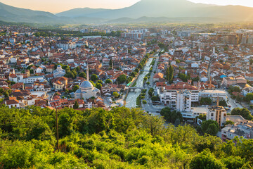 Prizren cityscape from the fortress at sunset in Kosovo. Prizren, Kosovo. Prizren aerial view,  a historic and touristic city located in Kosovo