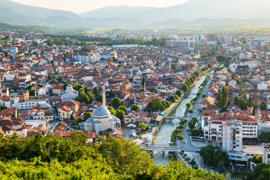Prizren cityscape from the fortress at sunset in Kosovo. Prizren, Kosovo. Prizren aerial view,  a historic and touristic city located in Kosovo