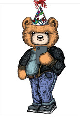 Teddy bear. Cute animal doll vector illustration for shirt print