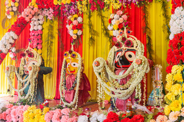 Idol of God Jagannath, Balaram and Suvodra is being worshipped. Ratha jatra festival at Howrah, West Bengal, India.