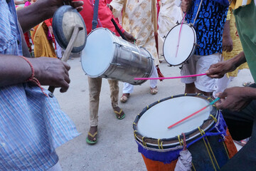 Many drummers playing drums at Rath jatra festival. Lord Blalaram is being worshipped for Rath jatra festival - at Howrah, West Bengal, India.