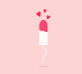 Feminine white tampon with spot of blood. Menstruation days. Girl hygiene product. Vector illustration in trendy flat style isolated on pink background. - obrazy, fototapety, plakaty